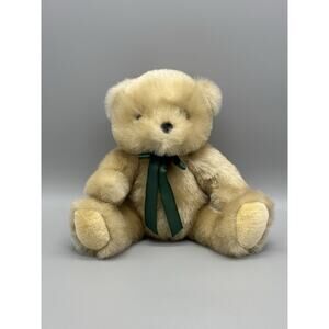 Teddy Bear Plush Tan Cream W/ Green Bow Schmidt 12”